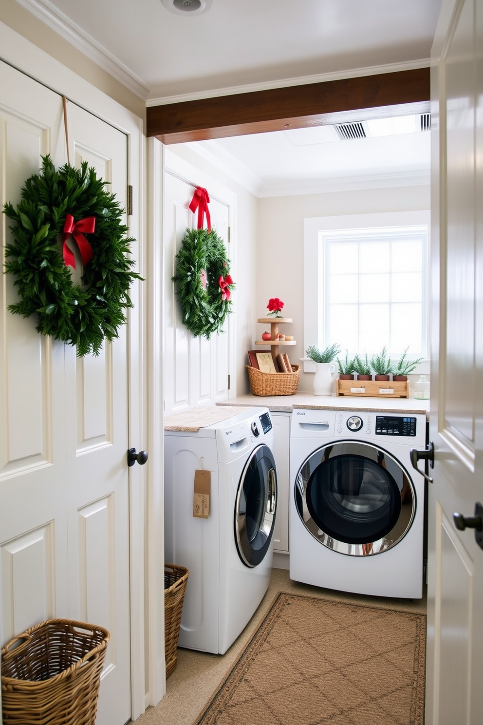 A charming laundry room adorned with decorative jars filled with colorful ornaments. The jars are arranged on a rustic wooden shelf, adding a festive touch to the space.