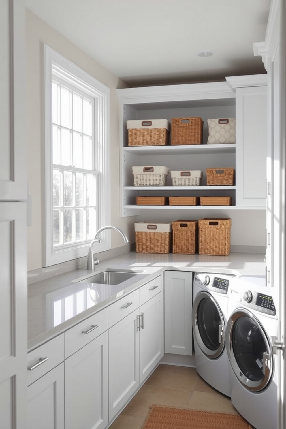 Bright white cabinetry creates a fresh and airy atmosphere in the laundry room. The space features sleek countertops and ample storage, making it both functional and stylish. A large window allows natural light to flood in, highlighting the clean lines of the cabinetry. Decorative baskets and potted plants add a touch of warmth and personality to the room.