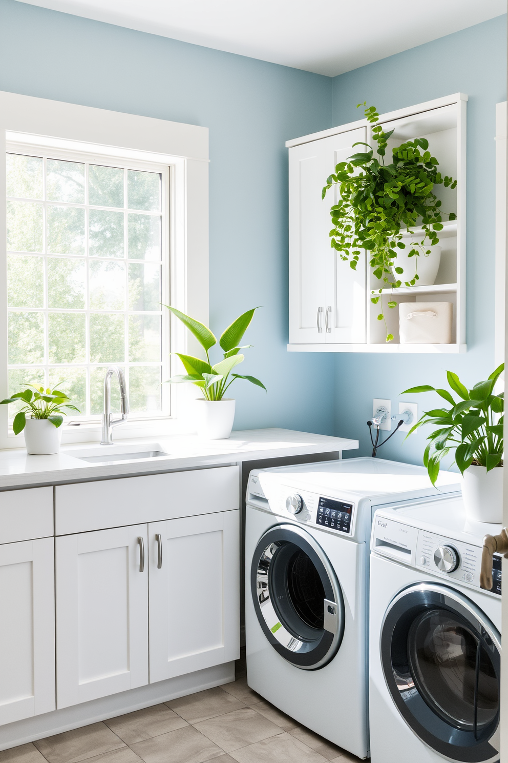 A modern laundry room featuring a sleek white washing machine and dryer stacked for space efficiency. The room includes a wooden drying rack for delicate items positioned near a large window that allows natural light to flood the space. The walls are painted in a soft blue hue, creating a calming atmosphere. A rustic wooden shelf above the drying rack holds neatly folded towels and laundry supplies, while a woven basket sits on the floor for sorting clothes.