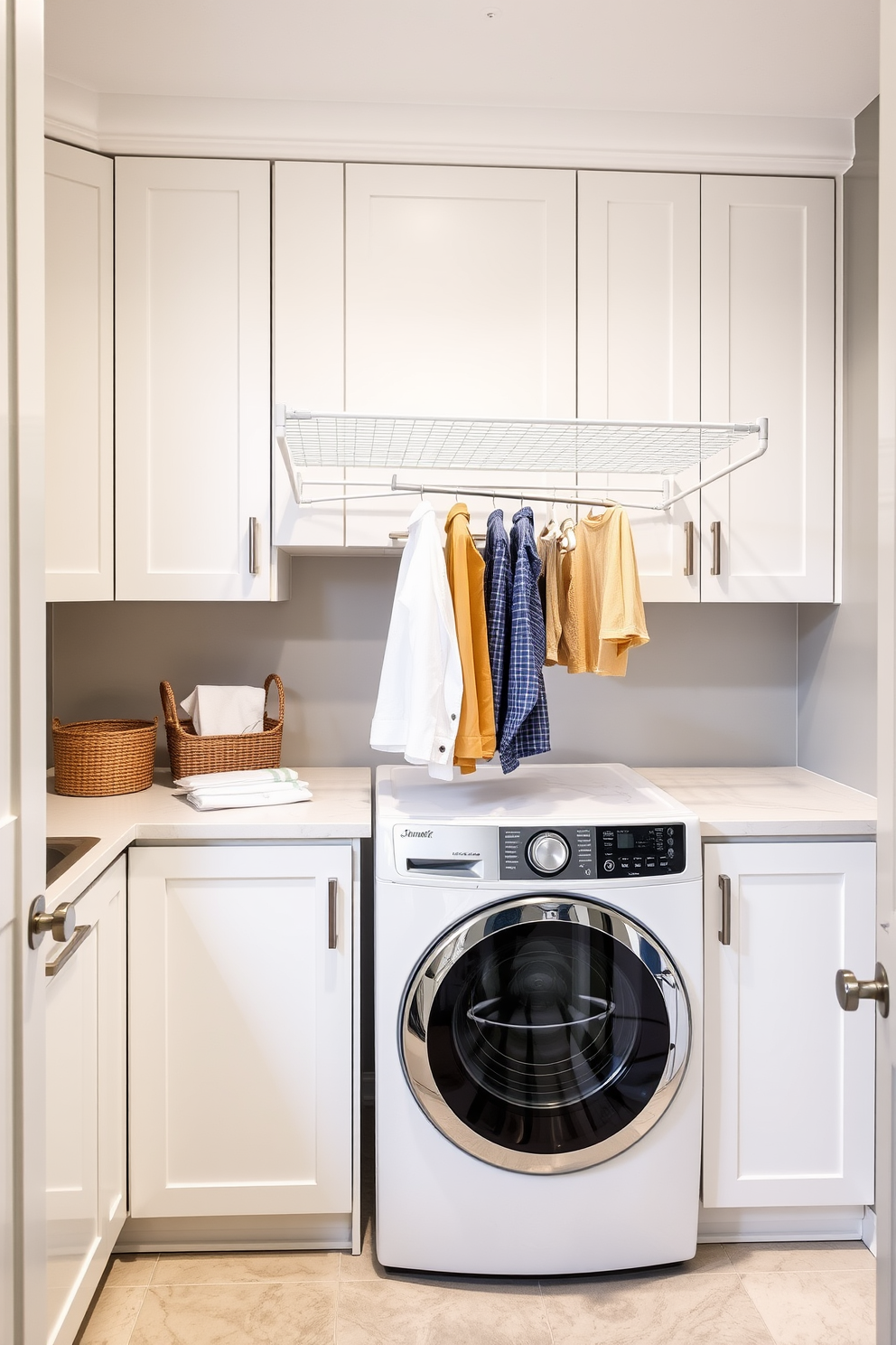 A modern laundry room featuring tall cabinets that reach up to the ceiling. The cabinets are finished in a sleek white with brushed nickel handles, providing ample storage for laundry essentials. A spacious countertop made of quartz is positioned in front of the cabinets for folding clothes. The walls are painted in a soft blue hue, and a stylish laundry basket is placed in the corner for convenience.