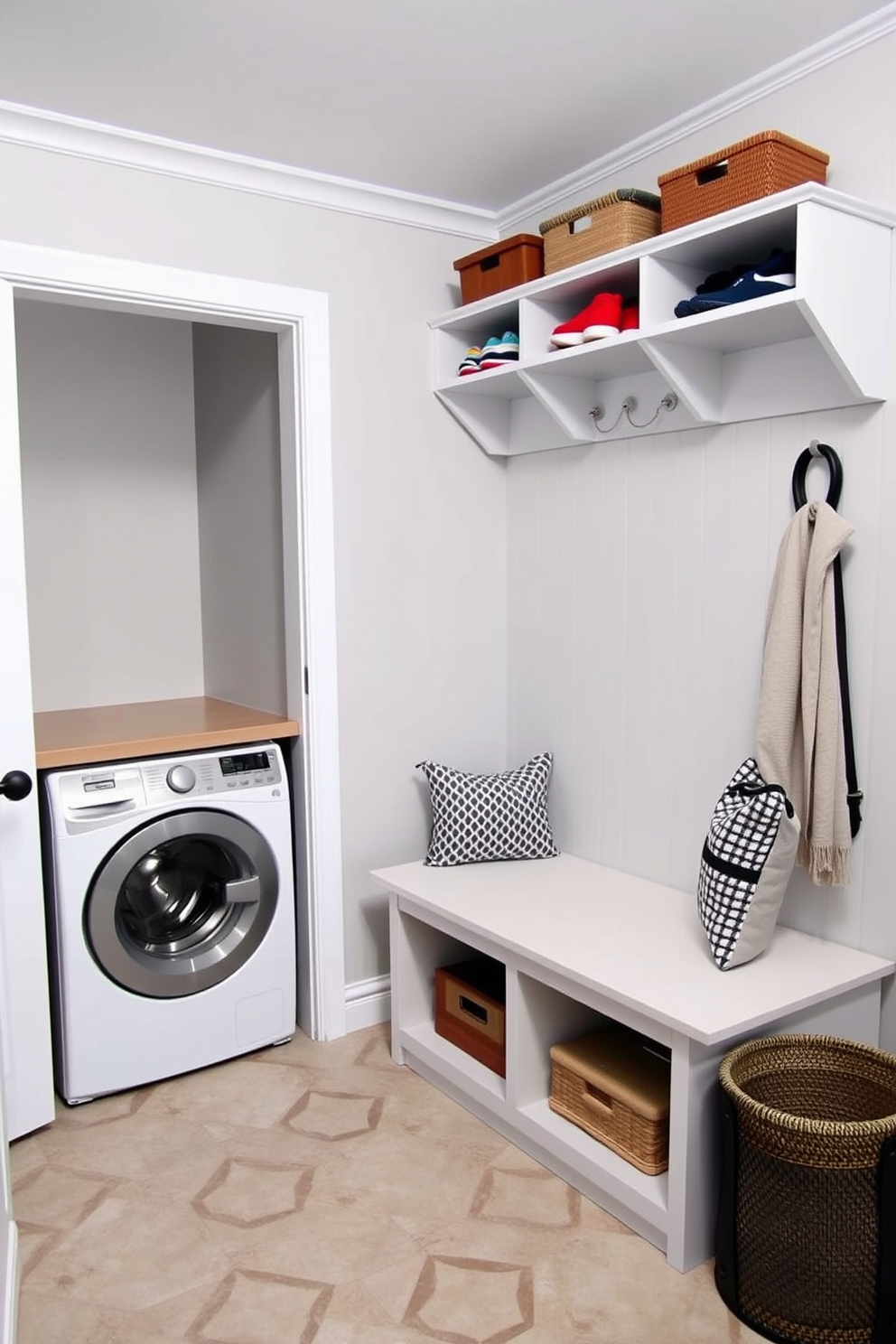 A bright and airy laundry room featuring eco-friendly materials such as bamboo cabinetry and recycled glass countertops. The walls are painted in a soft pastel color, and large windows allow natural light to flood the space, enhancing the sustainable ambiance. A functional layout includes a front-loading washer and dryer, neatly tucked into a built-in unit with open shelving above for easy access to laundry essentials. Potted plants are strategically placed to improve air quality and add a touch of greenery to the room.