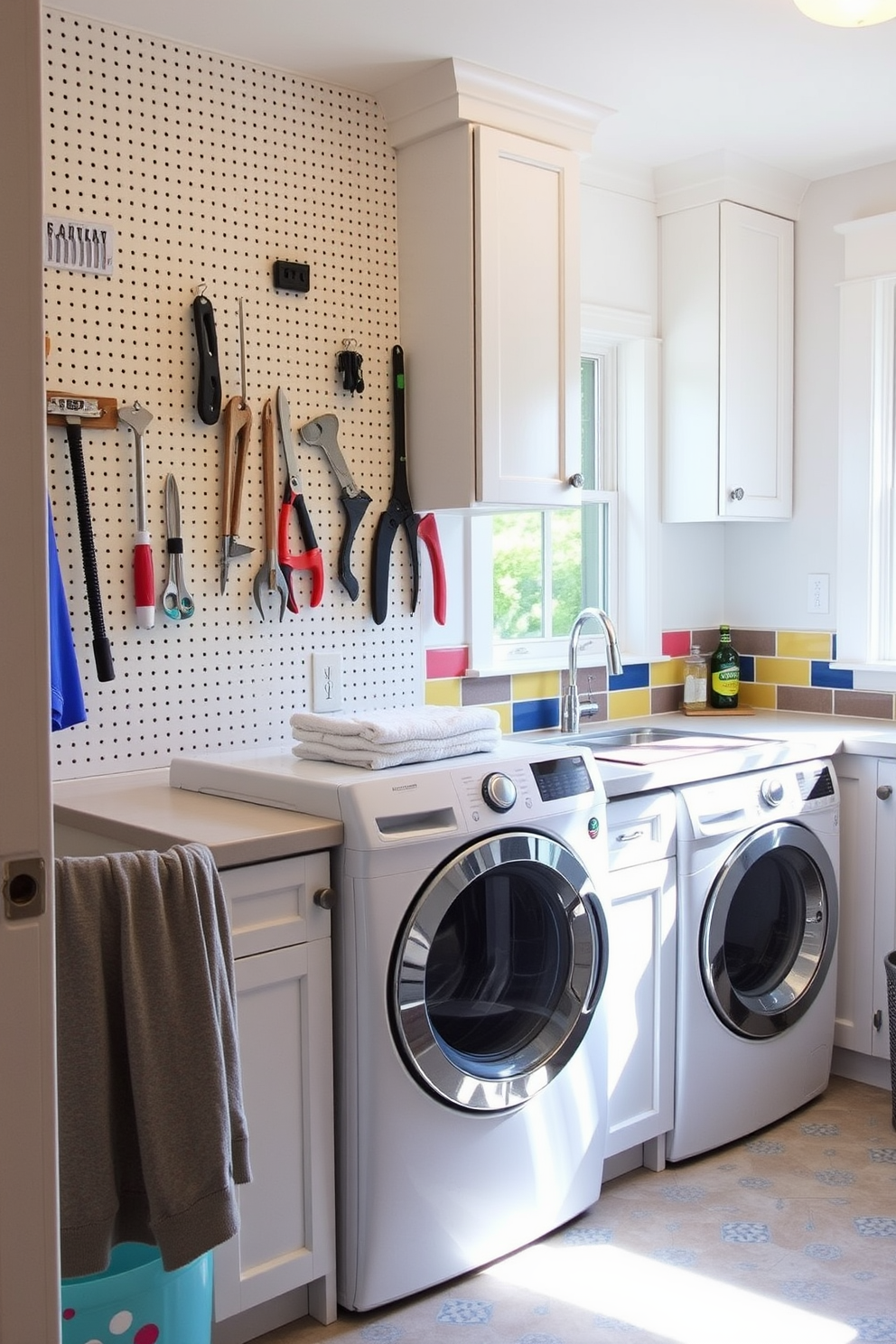 An organized folding station is set against a wall in a bright and airy laundry room. The countertop is made of sleek white quartz, providing ample space for folding clothes, while stylish baskets are neatly arranged underneath for storage. The walls are painted in a soft blue hue, creating a calming atmosphere. Above the countertop, open shelving displays neatly stacked towels and decorative jars, adding both functionality and charm to the space.