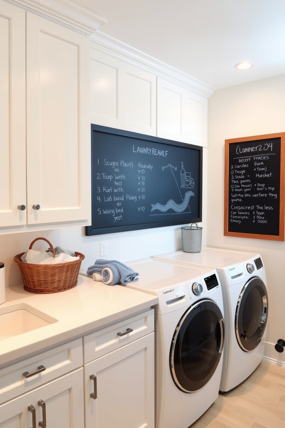 A functional laundry room featuring a built-in ironing board seamlessly integrated into the cabinetry. The space is designed with ample storage solutions, including shelves and cabinets, in a soft gray color palette.