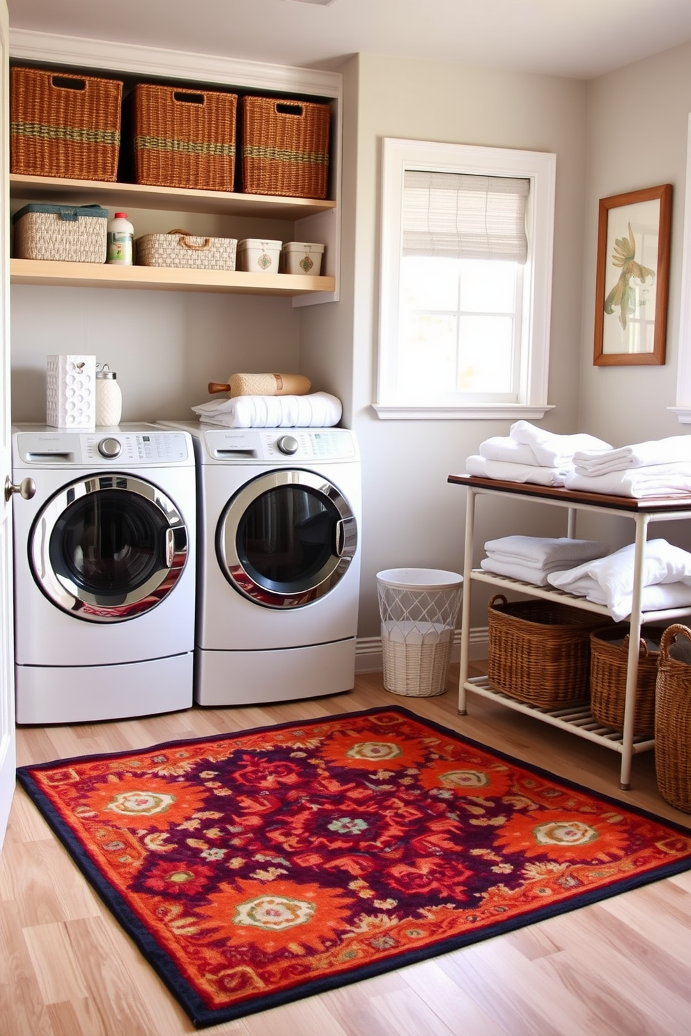 A bright and airy laundry room featuring large windows that allow natural light to flood the space. The room is equipped with modern appliances in a sleek white finish, complemented by ample storage cabinets in a soft gray hue. Bright pendant lights hang from the ceiling, providing additional illumination while enhancing the room's aesthetic. A stylish folding station is placed near the window, adorned with decorative baskets for organizing laundry essentials.