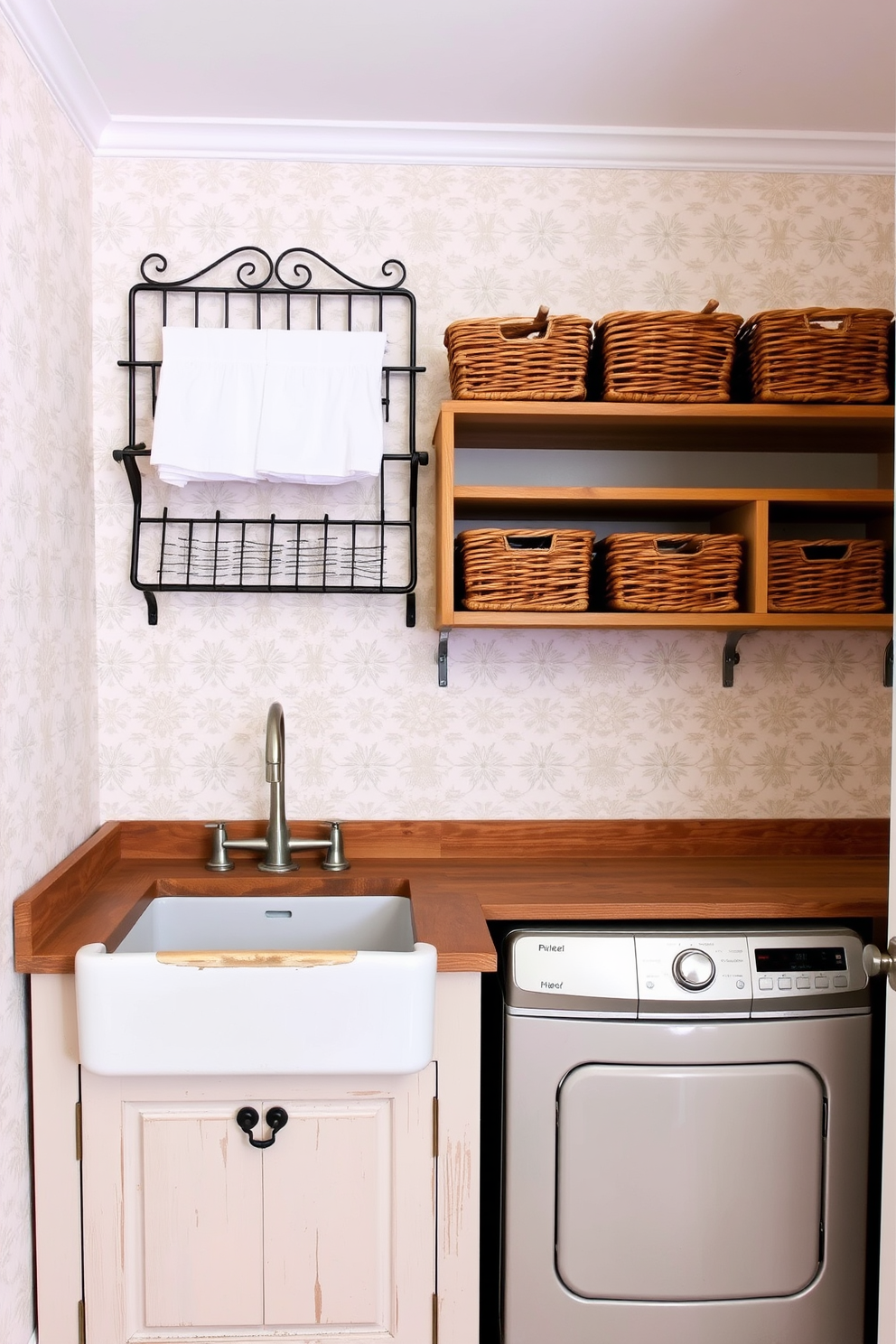 A modern laundry room featuring clever use of vertical space for storage. Shelves made of reclaimed wood are mounted above the washer and dryer, holding neatly organized baskets and decorative jars. The walls are painted in a light gray tone, creating a bright and airy feel. A tall, slim cabinet sits in the corner, providing additional storage for cleaning supplies and tools.