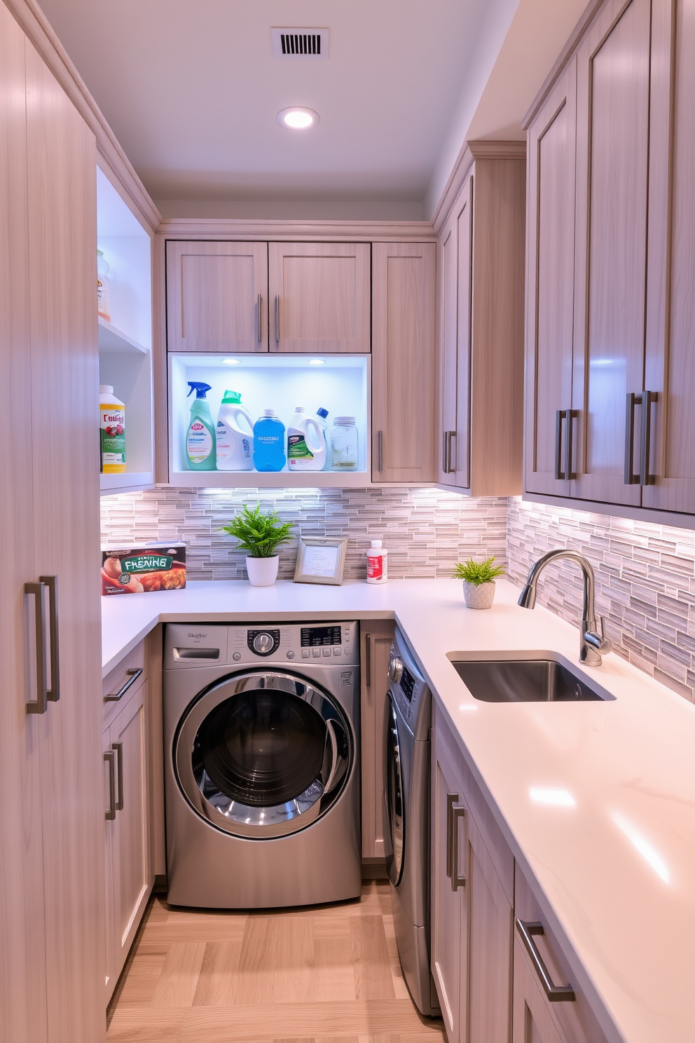 A modern laundry room featuring an integrated ironing board that folds down from the wall for convenience. The space includes sleek cabinetry in a soft gray finish and a large utility sink with a brushed nickel faucet.