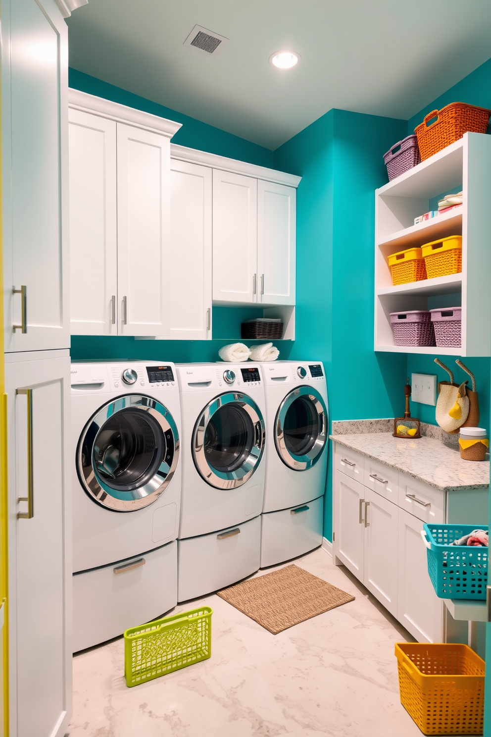 A bright and airy multipurpose space features a dedicated craft area with a large wooden table surrounded by colorful chairs. Shelves filled with art supplies and organized storage bins line the walls, while a large window allows natural light to flood the room. The laundry room is designed with efficiency in mind, showcasing a sleek washer and dryer tucked into cabinetry with a countertop for folding. Stylish baskets and hooks provide ample storage for laundry essentials, while a cheerful color palette adds a fresh touch to the space.