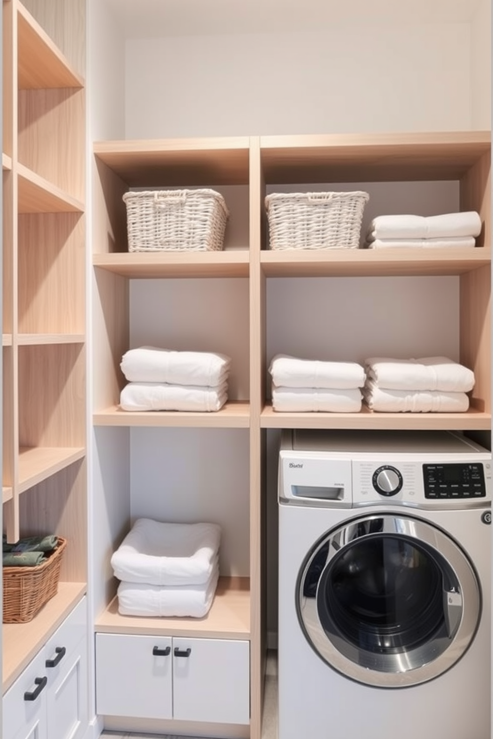 A charming laundry room featuring a spacious farmhouse sink with a sleek apron front. The cabinetry is painted in a soft white, complemented by rustic wooden shelves adorned with neatly folded towels and decorative baskets. The walls are painted in a light pastel blue, creating a serene atmosphere. A large window allows natural light to flood the space, highlighting the patterned tile floor in shades of gray and white.