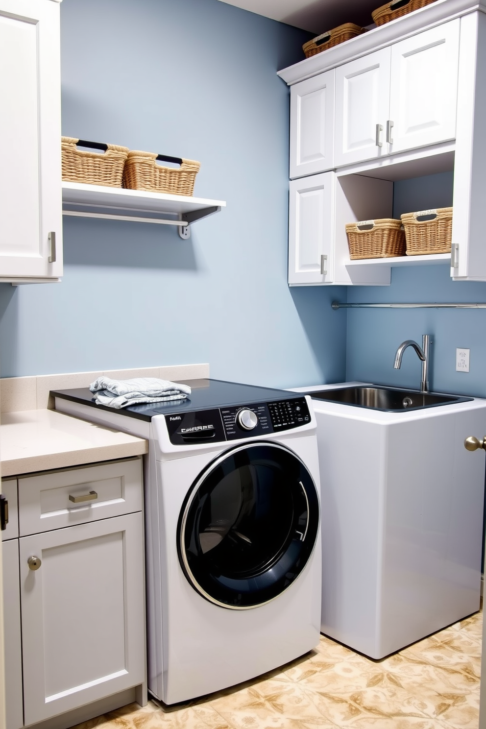 A minimalist laundry room featuring sleek white cabinetry and a large countertop for folding clothes. The walls are painted in a soft gray, and the floor is covered with light wood tiles for a warm touch. A stacked washer and dryer are seamlessly integrated into the cabinetry, maximizing space and functionality. Natural light floods the room through a small window, enhancing the clean and airy atmosphere.