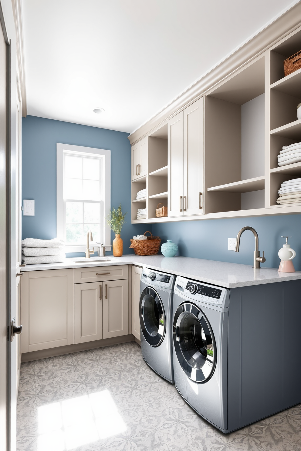 A stylish laundry room featuring a small desk for multitasking. The room includes a sleek countertop for folding clothes, complemented by built-in cabinets for storage. Bright white walls create an airy feel, while a vibrant backsplash adds a pop of color. The floor is adorned with durable tiles that are both practical and visually appealing.