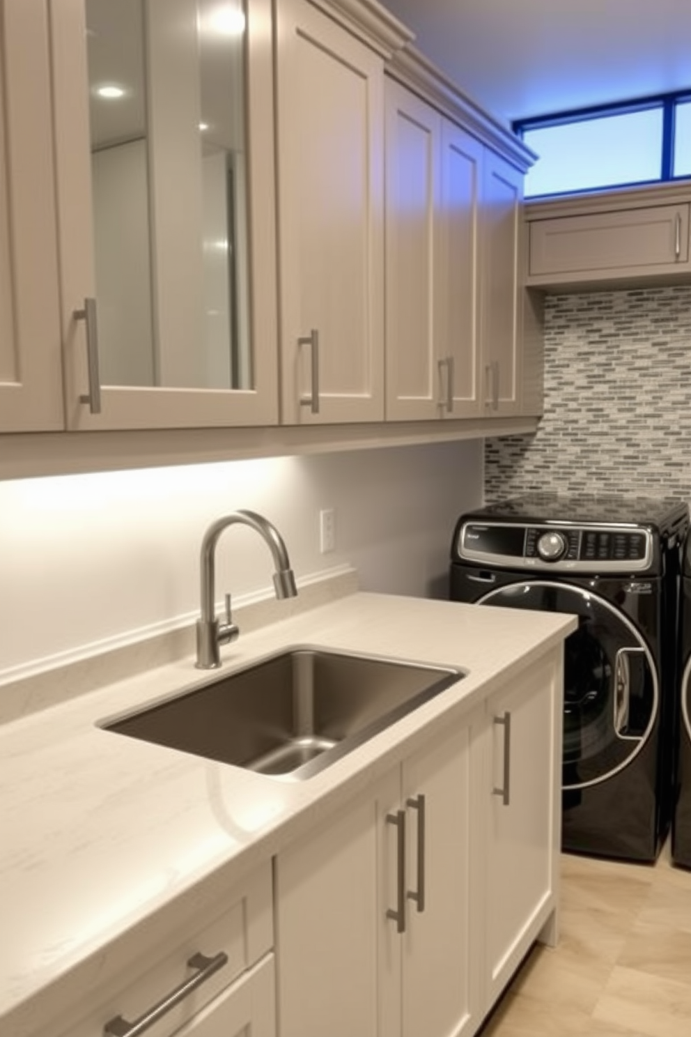 A vibrant laundry room featuring a colorful backsplash that adds a playful touch to the space. The cabinetry is sleek and modern, with ample storage for all laundry essentials, and a large countertop provides space for folding clothes. The room is well-lit with natural light streaming in through a window, enhancing the cheerful atmosphere. A stylish laundry basket sits in the corner, and fresh plants add a touch of greenery to the design.