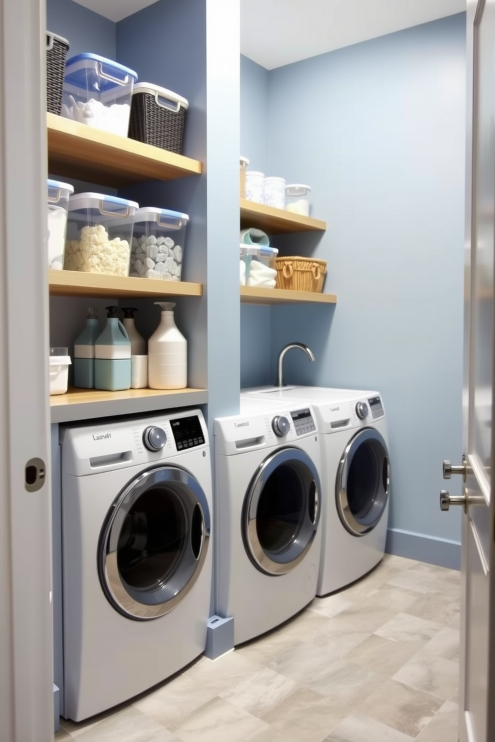 A functional laundry room featuring a small desk for multitasking. The room is equipped with a washer and dryer side by side, with overhead cabinets providing ample storage. The walls are painted in a soft blue hue, creating a calming atmosphere. A stylish rug in a geometric pattern lies beneath the desk, which is adorned with a laptop and organized supplies.