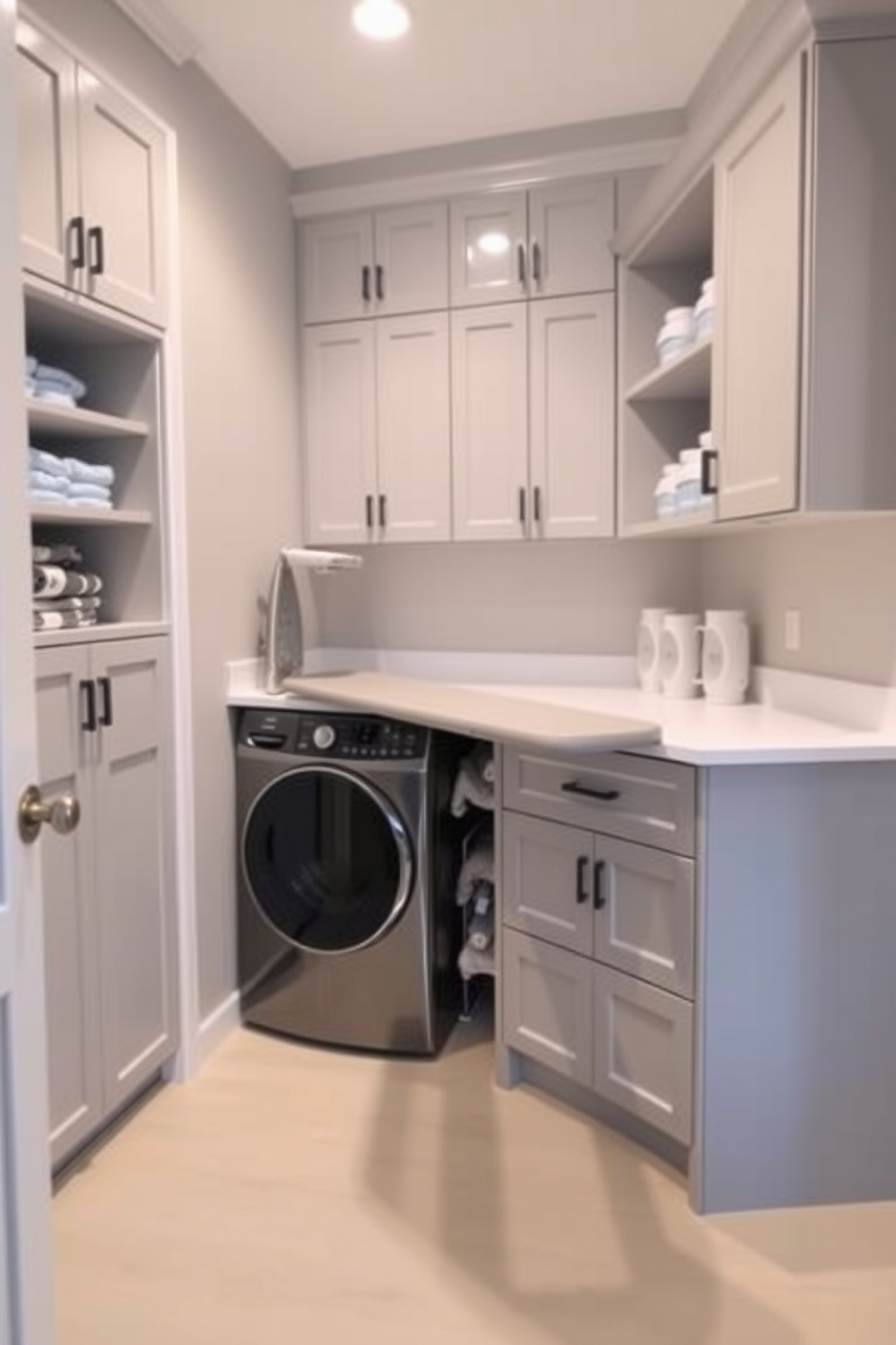 A stylish laundry room featuring sleek white cabinetry and a spacious countertop for folding clothes. The walls are painted in a light gray tone, and the floor is covered with a vibrant patterned rug that adds comfort and style.