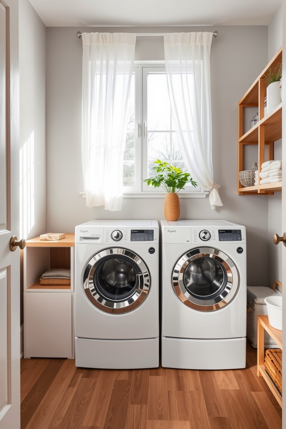 Create a cozy laundry nook within a spacious closet. The design features a compact washer and dryer stacked side by side, with a countertop above for folding clothes. Light gray cabinetry surrounds the appliances, providing ample storage for laundry essentials. Soft, ambient lighting illuminates the space, and a small potted plant adds a touch of greenery.