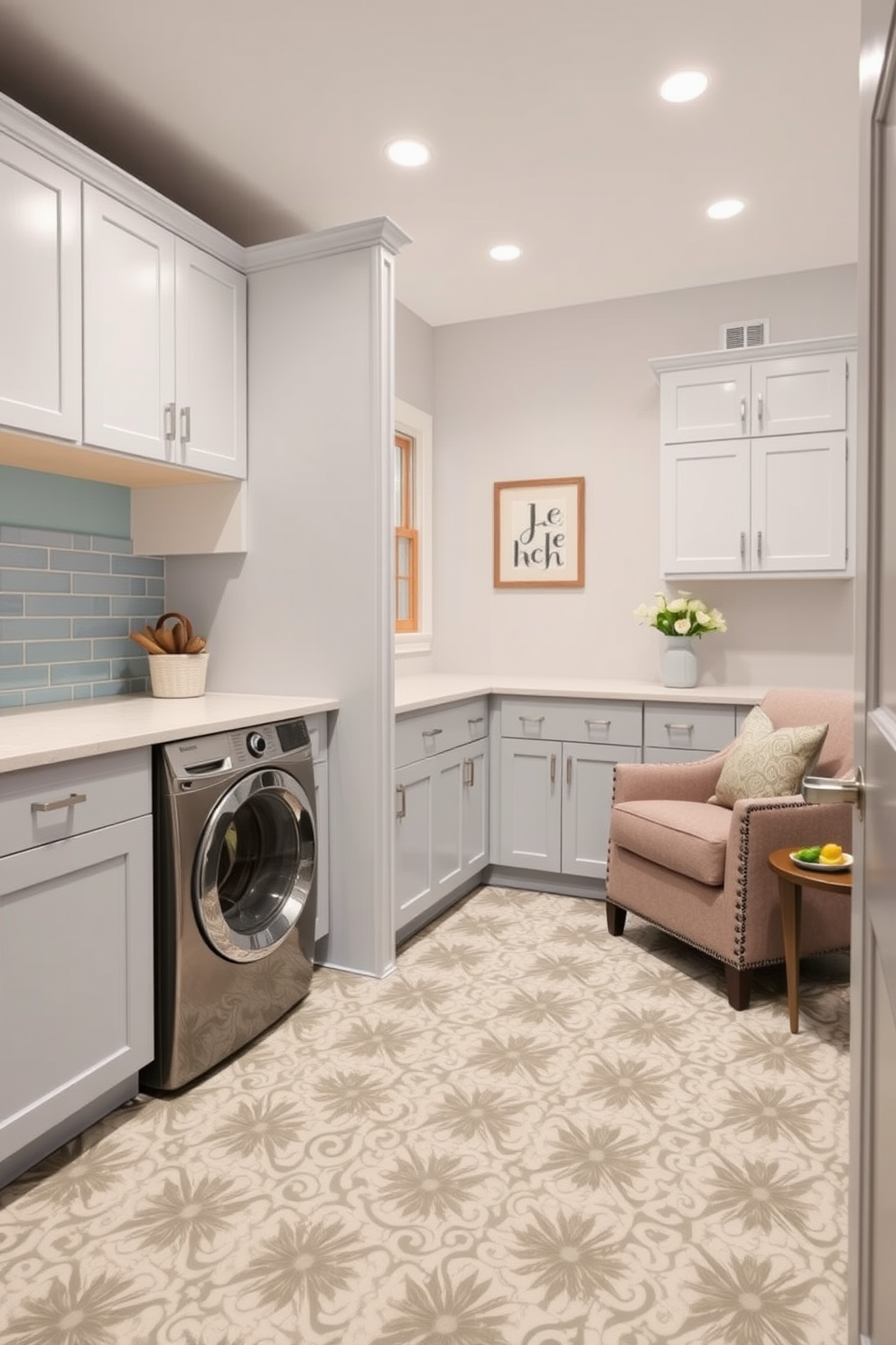 A modern laundry room featuring a built-in laundry chute for easy access to the lower level. The room includes sleek cabinetry in a soft gray finish and a spacious countertop for folding clothes. Bright white walls enhance the natural light streaming in from a large window. A stylish basket for sorting laundry sits next to a high-efficiency washer and dryer, creating a functional yet inviting space.