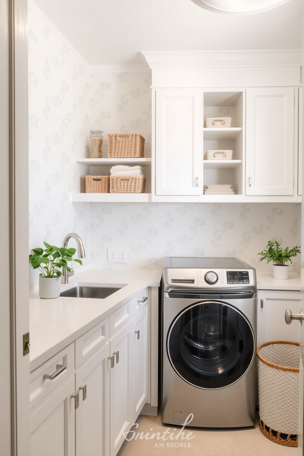 A sleek and functional laundry room featuring a modern washer dryer combo unit seamlessly integrated into cabinetry. The walls are painted in a soft gray, with open shelving above for storage and decorative baskets. The floor is adorned with light-colored tiles that add brightness to the space. A stylish countertop beside the unit provides ample space for folding clothes, complemented by a pop of color from a potted plant.