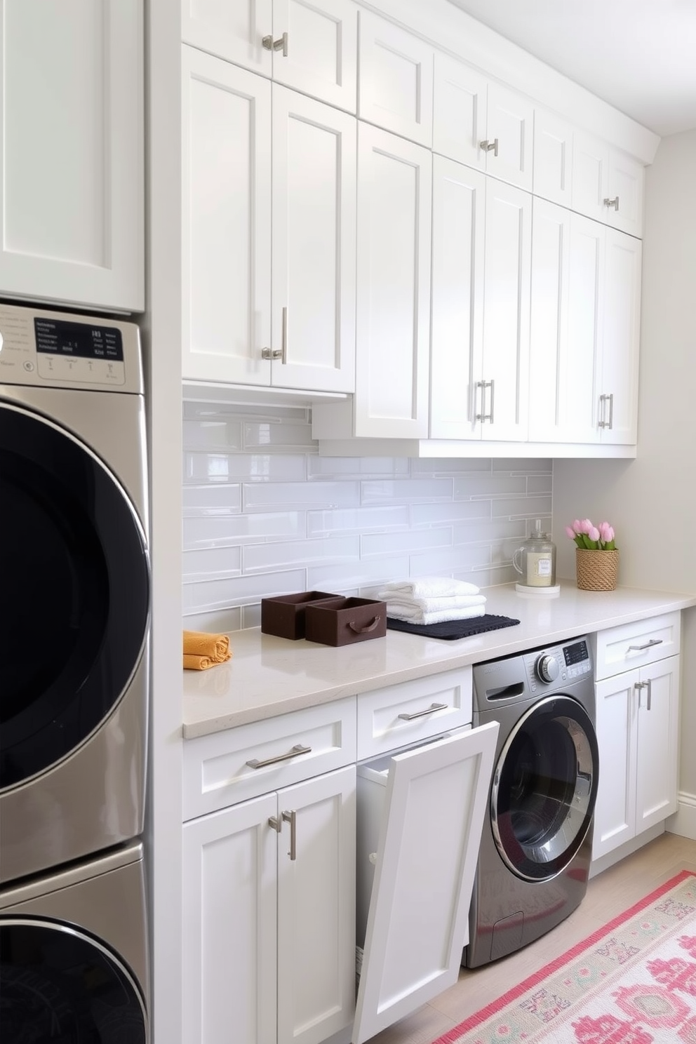 A bright and cheerful laundry room filled with vibrant colors. The walls are painted in a sunny yellow, complemented by bright blue cabinetry and cheerful patterned curtains. A spacious countertop is adorned with colorful storage baskets and a stylish sink with a modern faucet. The floor features playful tiles in a mix of bright colors, adding a fun touch to the overall design.