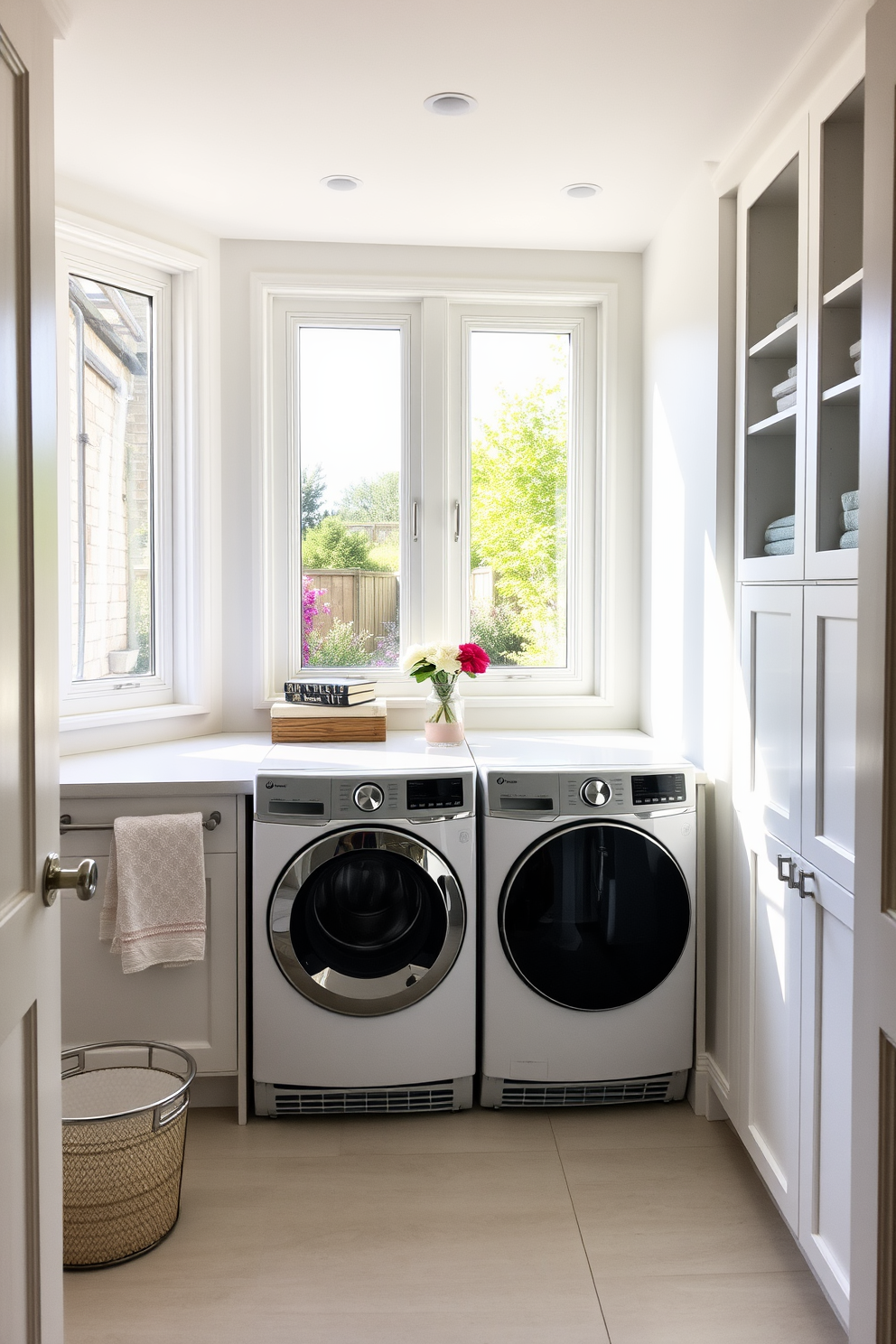 A modern laundry room featuring a spacious utility sink with a sleek faucet and ample counter space for folding clothes. The walls are painted in a soft gray, and the floor is covered with durable vinyl tiles in a light wood finish. A row of white cabinets above the sink provides storage for laundry essentials, while a decorative basket sits nearby for organizing items. Large windows allow natural light to flood the space, creating a bright and inviting atmosphere.