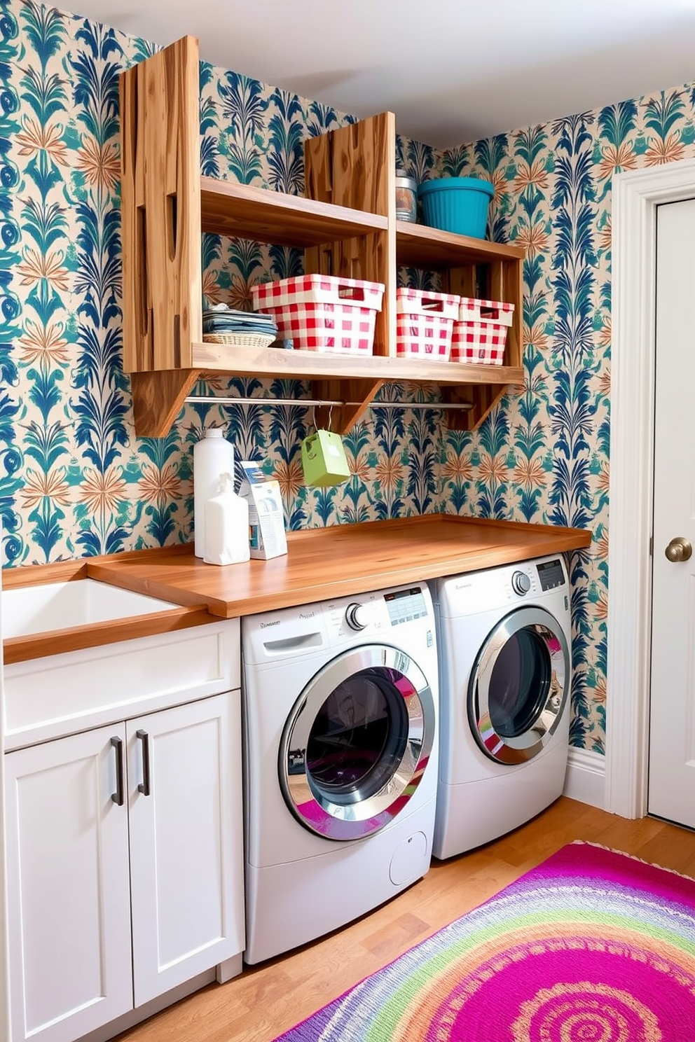 A charming laundry room featuring patterned wallpaper that adds a touch of personality. The space includes a sleek countertop for folding clothes, with baskets neatly arranged underneath for storage. Bright, natural light floods in through a window adorned with simple curtains, enhancing the inviting atmosphere. A stylish washing machine and dryer are seamlessly integrated into the cabinetry, creating a cohesive look.