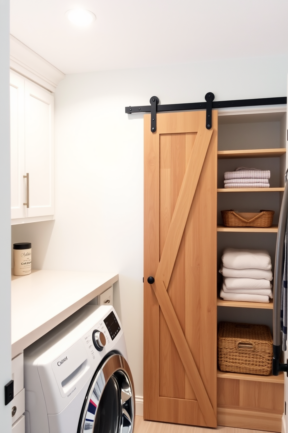 A bright and functional laundry room featuring a spacious countertop for folding clothes. On one side, there are stylish baskets in various colors for sorting whites and colors, adding a pop of personality to the space. The walls are painted in a soft light blue, creating a calming atmosphere. Sleek cabinetry above provides ample storage, while a modern washing machine and dryer sit side by side for easy access.