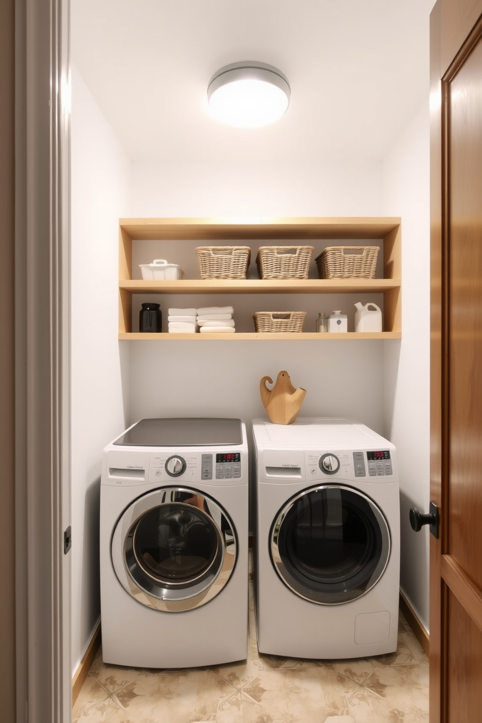 A bright and cheerful laundry room features walls painted in a vibrant turquoise hue that instantly lifts the mood. The space includes a spacious countertop for folding clothes, complemented by open shelving above for easy access to laundry supplies. A stylish washer and dryer set is nestled in a sleek cabinetry that matches the paint color, providing a cohesive look. Decorative baskets in various colors are neatly arranged on the shelves, adding both functionality and a playful touch to the design.