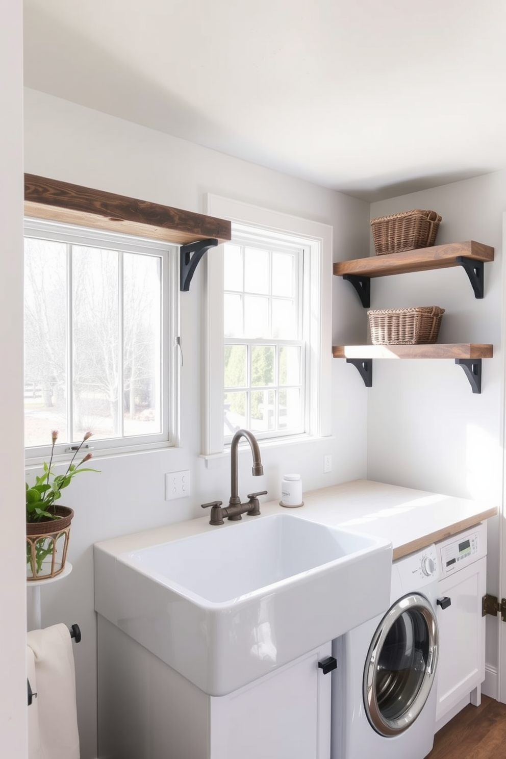 A charming laundry room featuring vintage decor with retro appliances. The walls are adorned with patterned wallpaper in soft pastel colors, complemented by a classic farmhouse sink and a wooden drying rack. In the corner, a bright red washing machine and dryer set adds a pop of color, while open shelving displays neatly folded linens and vintage laundry accessories. A wicker basket filled with fresh towels sits beside the sink, enhancing the room's nostalgic charm.