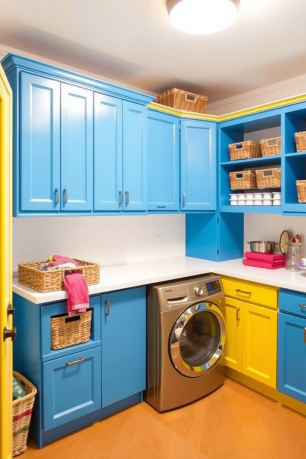 A vibrant laundry room filled with bold color accents. The walls are painted a bright yellow, complemented by a deep blue countertop and colorful storage bins lining the shelves. A sleek washer and dryer are set within a modern cabinetry design featuring pops of red and green. Decorative wall art showcasing laundry-themed quotes adds a playful touch to the lively atmosphere.