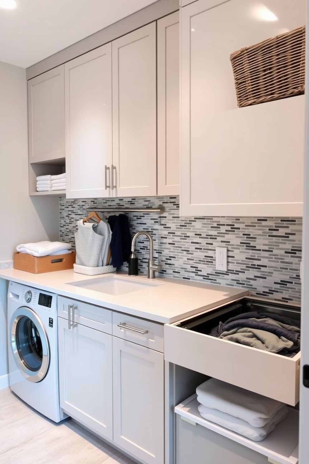 A modern laundry room featuring patterned tiles that add visual interest to the space. The room includes a sleek countertop for folding clothes and ample storage cabinets in a soft white finish. Incorporate a stylish sink with a brushed nickel faucet for practicality. A vibrant rug adds a pop of color, while a wall-mounted drying rack maximizes functionality.