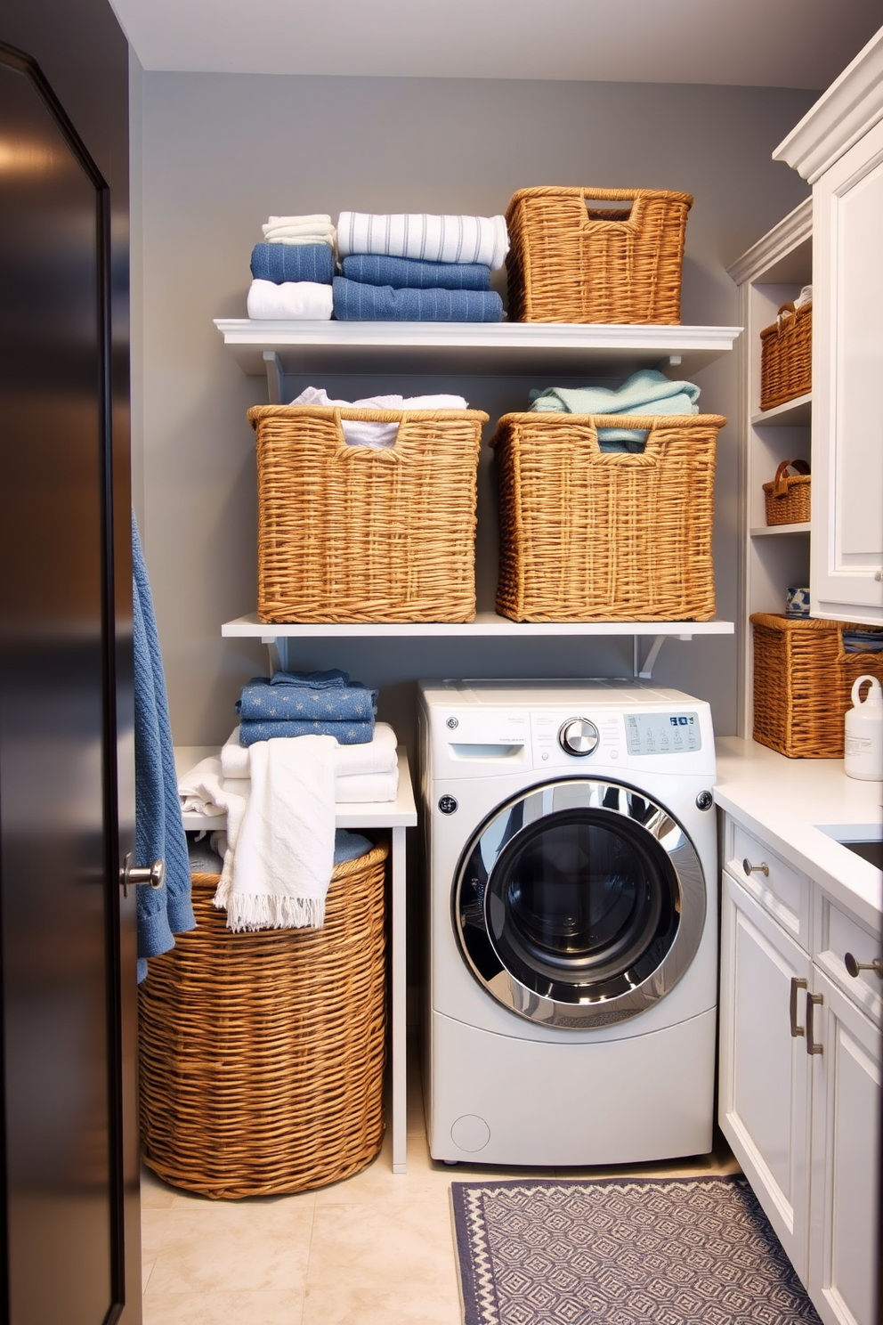 A bright and airy laundry room featuring white cabinetry with ample storage space. Stylish woven baskets are neatly arranged on open shelves, providing organized storage solutions for laundry essentials. The room is complemented by a large window allowing natural light to flood in, enhancing the fresh atmosphere. A sleek countertop is positioned next to the washer and dryer, ideal for folding clothes and sorting laundry.