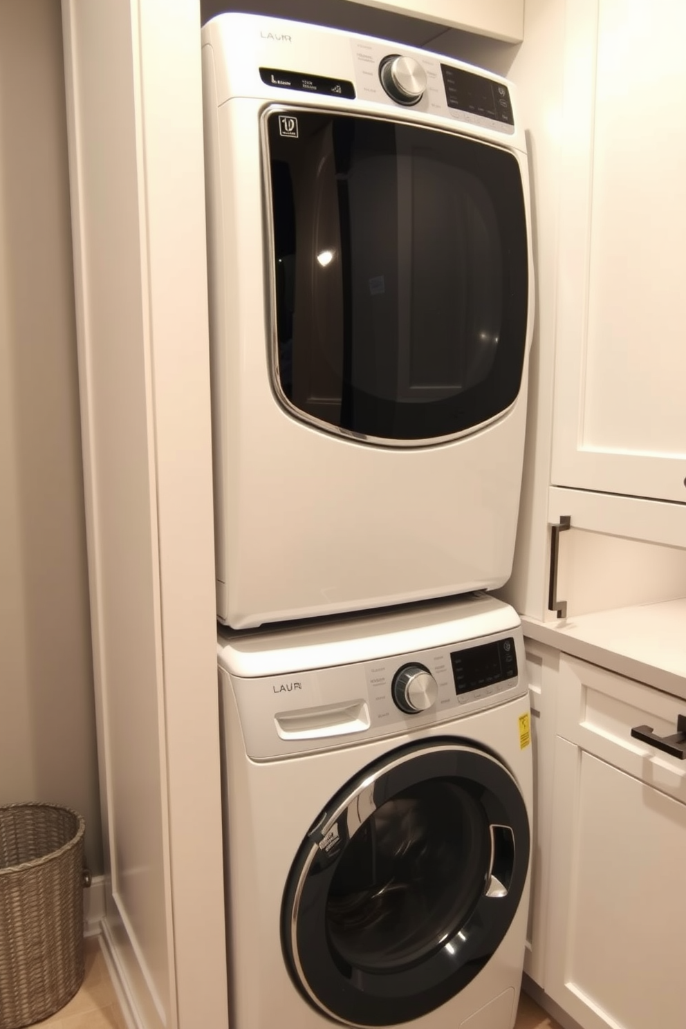 A bright and functional laundry room features a spacious countertop for folding clothes. Stylish baskets are neatly arranged on shelves for organized storage, adding both practicality and charm to the space. The walls are painted in a light, airy color, creating an inviting atmosphere. A washer and dryer are seamlessly integrated into the cabinetry, enhancing the room's overall aesthetic.