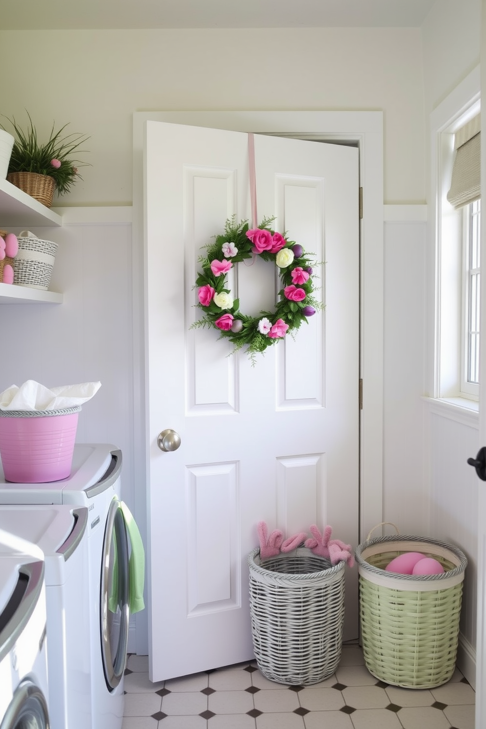 A charming laundry room featuring a spring wreath on the door, crafted from vibrant flowers and greenery. The space is bright and inviting, with pastel-colored baskets neatly arranged, enhancing the Easter decorating theme.