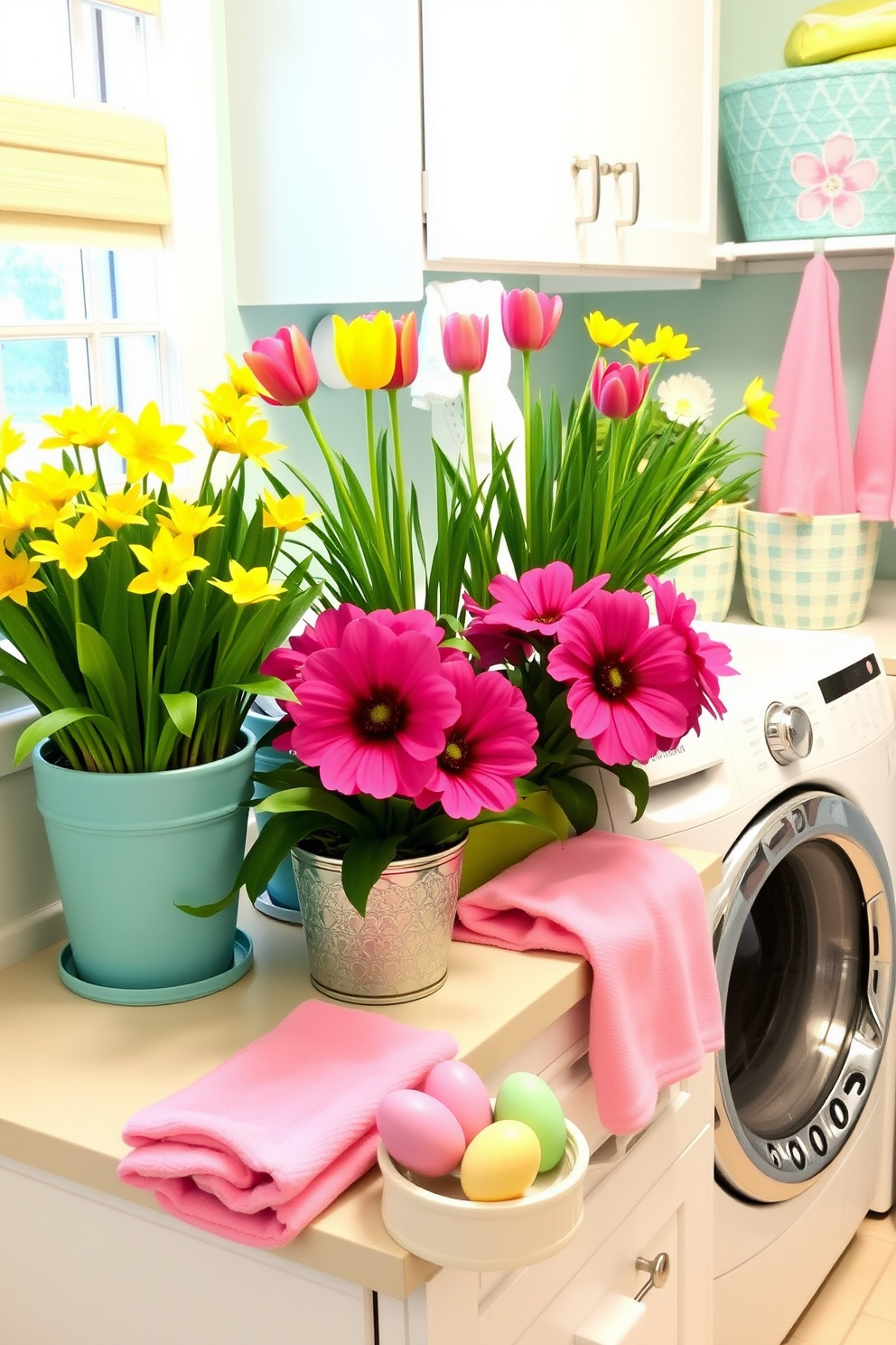 A bright and cheerful laundry room features a counter adorned with potted spring flowers in vibrant colors. The space is decorated with Easter-themed accents, including pastel-colored towels and decorative eggs placed strategically around the room.