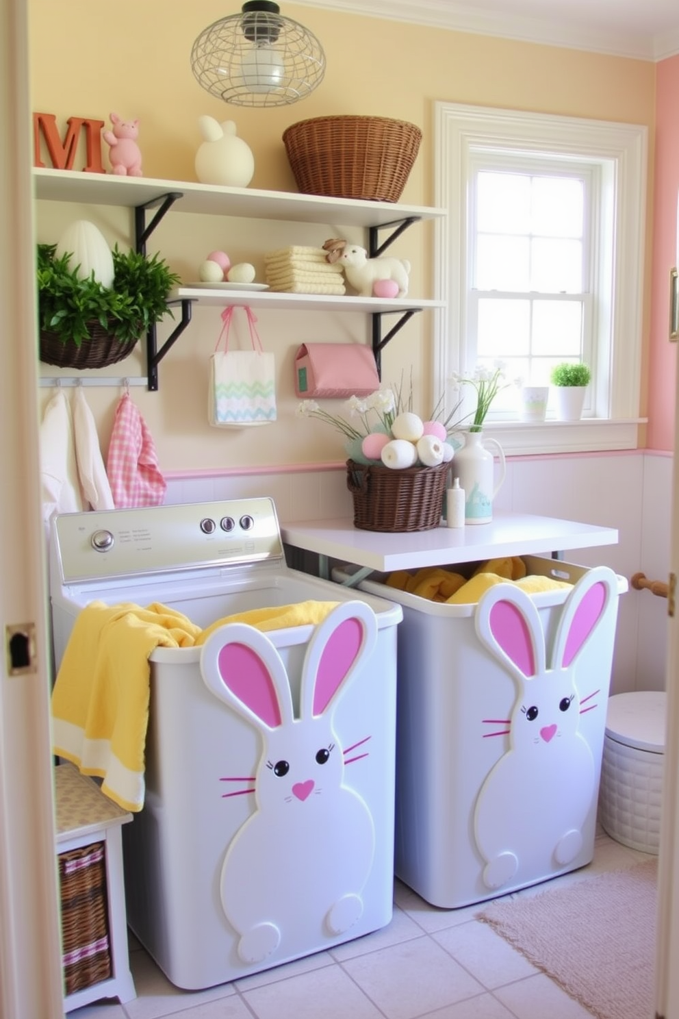 Create a charming laundry room featuring bunny-shaped laundry baskets for storage. The space is bright and airy with pastel-colored walls and decorative Easter accents throughout.