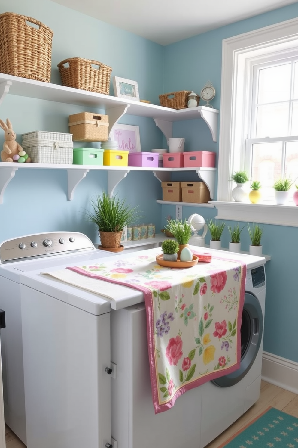 A cozy laundry room featuring a folding table adorned with a seasonal table runner showcasing pastel colors and floral patterns. The walls are painted in a soft blue hue, and there are neatly organized shelves filled with decorative baskets and colorful storage bins for a cheerful and functional space. Easter decorations are tastefully arranged around the room, including small potted plants and vibrant egg displays. A bright window allows natural light to illuminate the space, enhancing the inviting atmosphere.