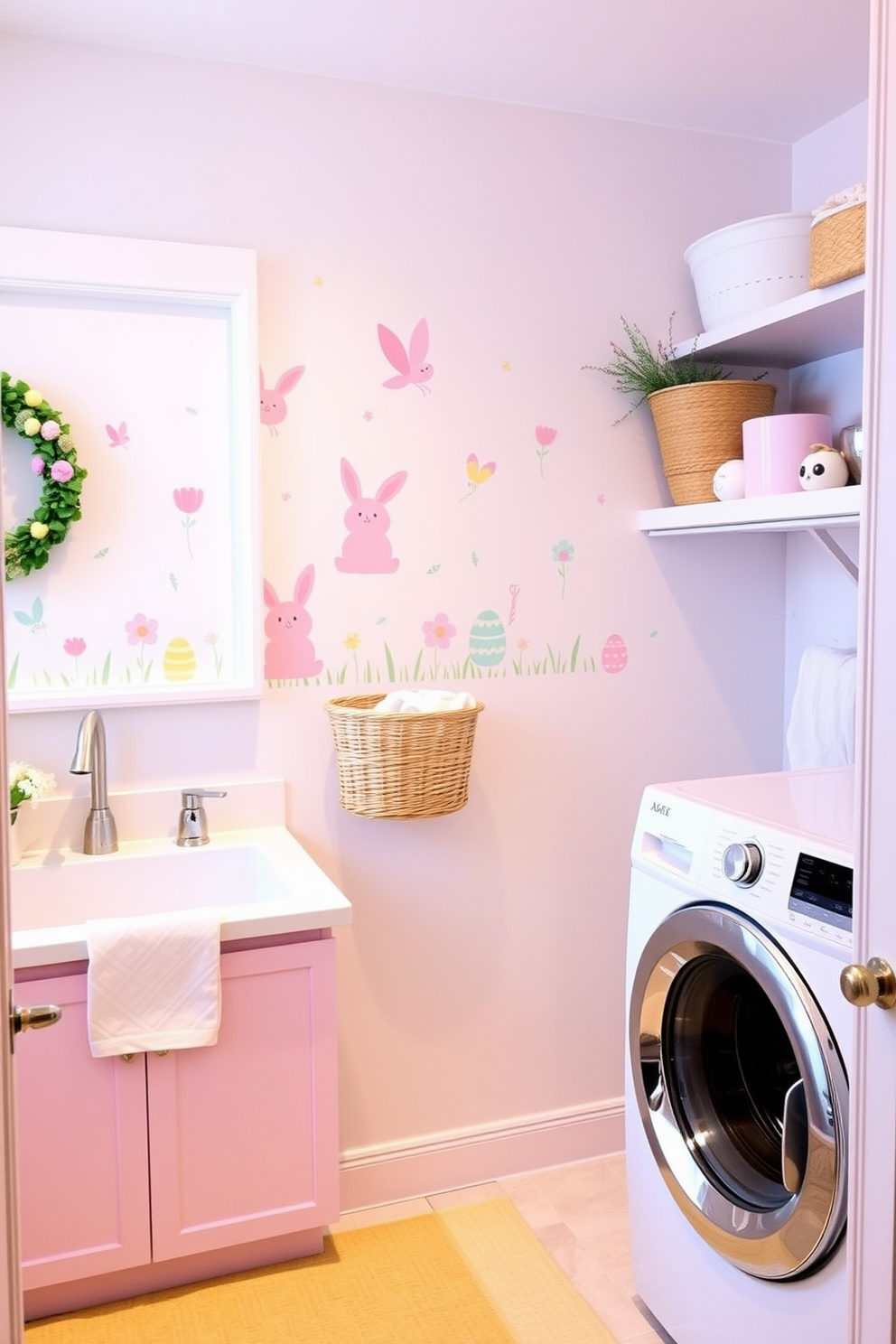 A cheerful laundry room adorned with hanging Easter egg ornaments from hooks creates a festive atmosphere. The walls are painted in a soft pastel hue, complementing the bright colors of the ornaments. The laundry area features a spacious countertop for folding clothes, with baskets for organizing laundry supplies underneath. Decorative touches include a small potted plant and a colorful Easter-themed artwork displayed on the wall.