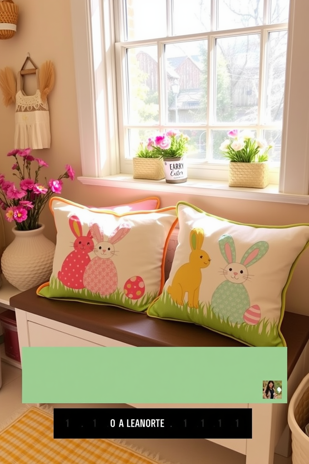 A cozy laundry room decorated for Easter features quilted throw pillows adorned with cheerful bunny and egg designs. The pillows are arranged on a comfortable bench beside a bright window, creating a welcoming space for springtime chores.