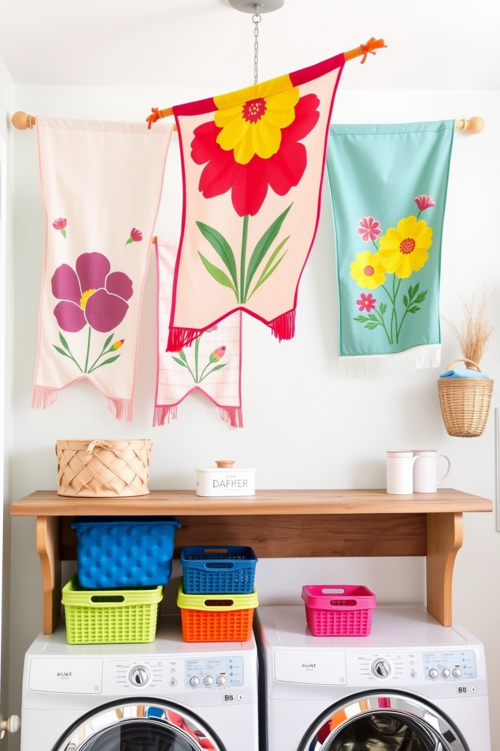 A bright and cheerful laundry room adorned with hanging fabric banners featuring vibrant spring motifs. The walls are painted in a soft pastel hue, and a rustic wooden shelf displays colorful baskets for organizing laundry essentials.