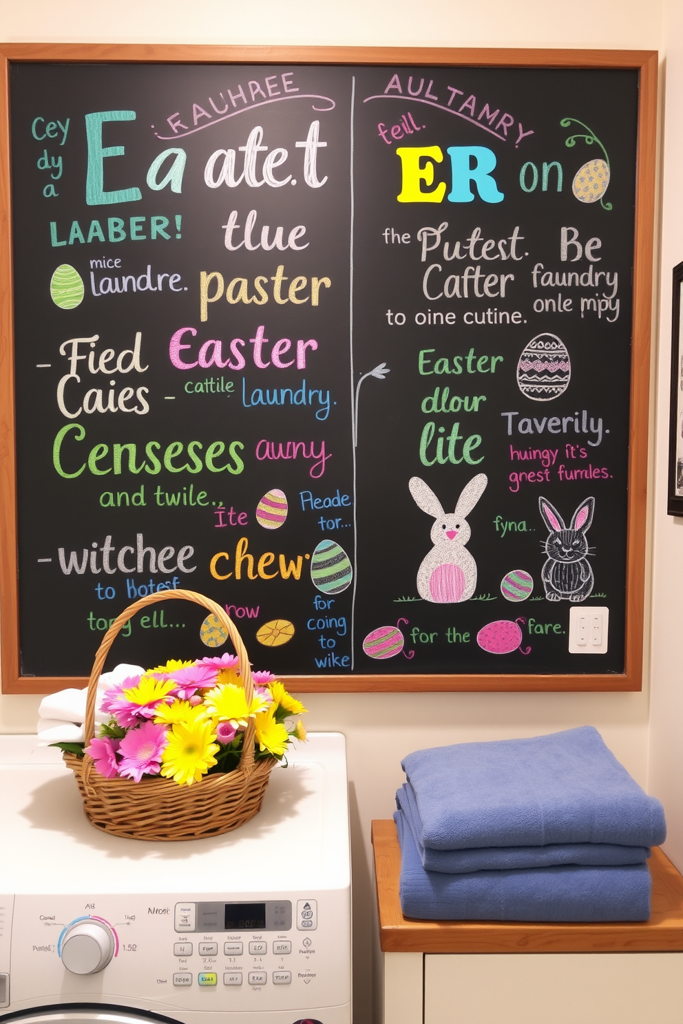 A decorative laundry sign with an Easter message hangs prominently on the wall of the laundry room. The sign features pastel colors and playful typography, adding a festive touch to the space. Incorporate Easter-themed decorations such as colorful baskets filled with faux eggs on the shelves. Soft, spring-inspired accents like floral arrangements and bunny figurines enhance the cheerful ambiance of the laundry room.