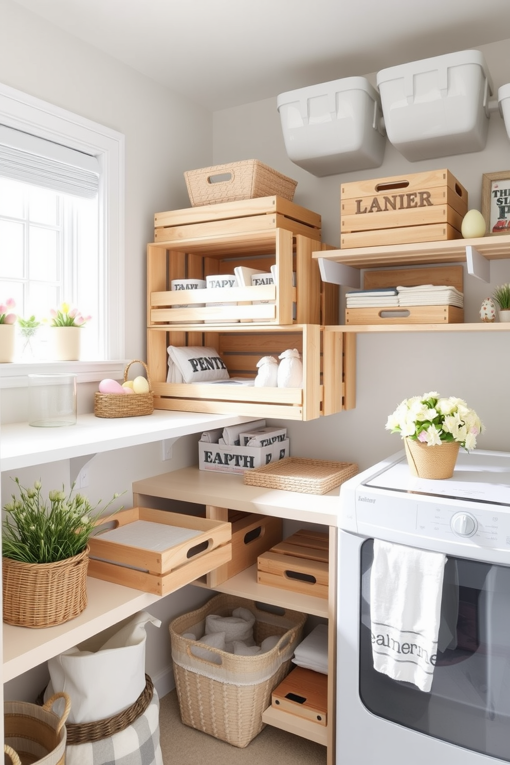 A bright and functional laundry room features wooden crates neatly arranged on shelves for organizing supplies. The space is adorned with cheerful Easter decorations, including pastel-colored eggs and floral accents that bring a festive touch.