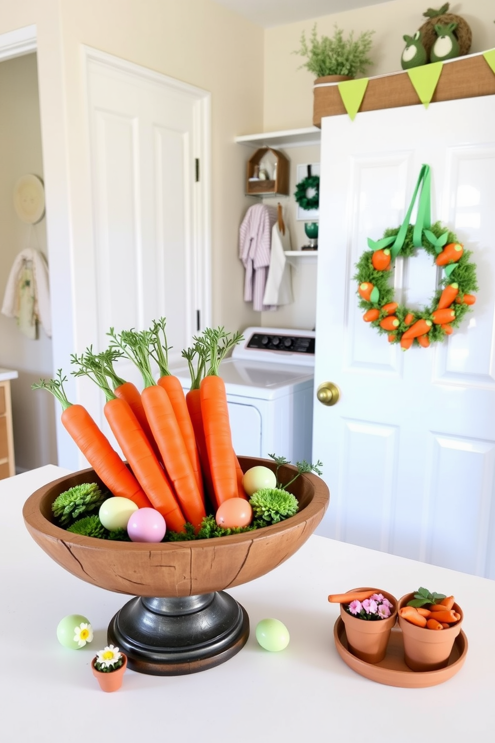 A charming tabletop display of decorative carrots is arranged in a rustic wooden bowl. Surrounding the bowl are pastel-colored eggs and small potted flowers to enhance the festive atmosphere. The laundry room is transformed into a cheerful space with Easter-themed decorations. Brightly colored bunting hangs above the washer and dryer, while a decorative wreath made of faux carrots adorns the door.