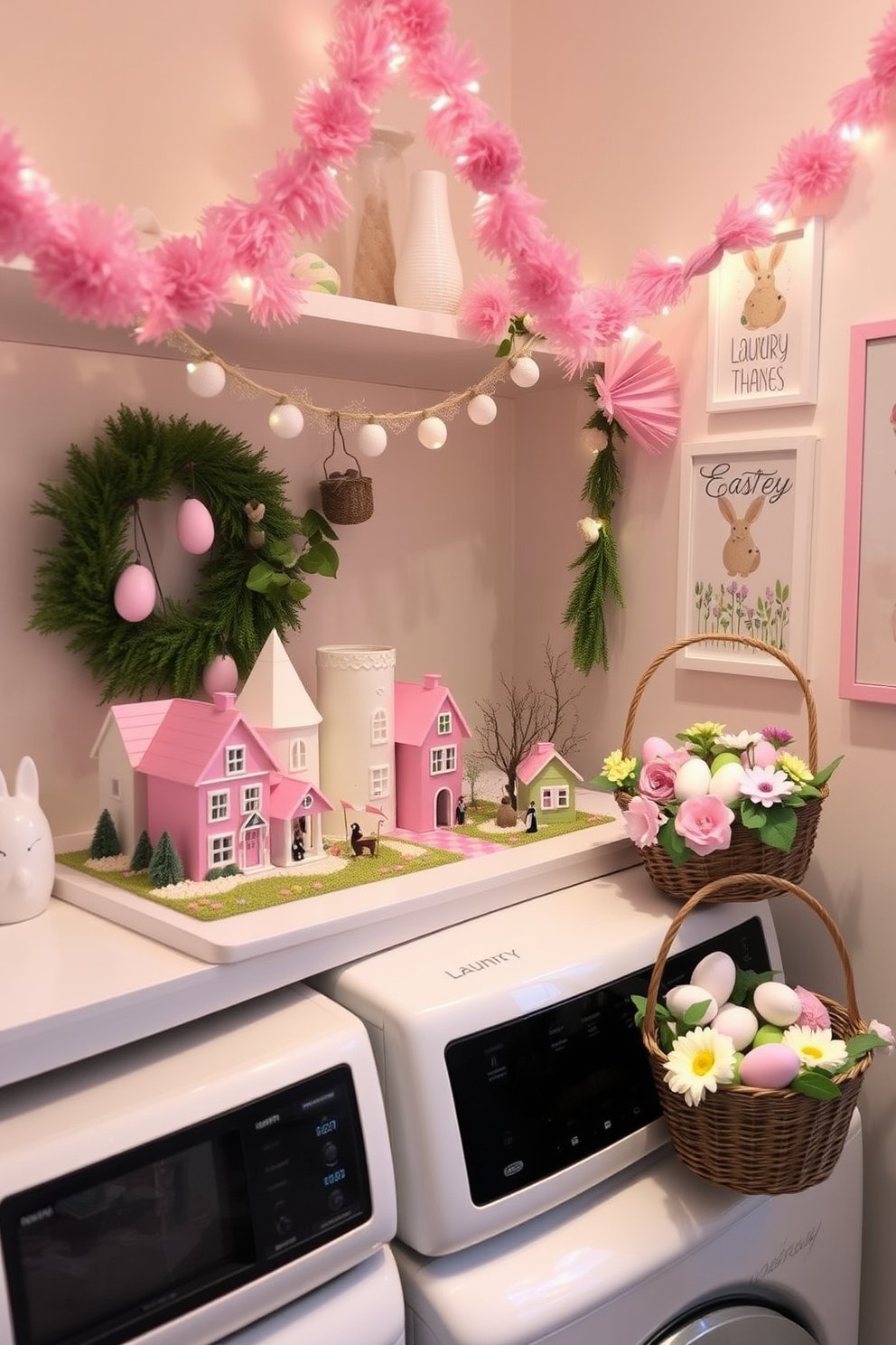 A charming miniature Easter village is carefully arranged on a decorative shelf, featuring pastel-colored houses and tiny figurines celebrating the holiday. The scene is enhanced by soft lighting that casts a warm glow, creating a whimsical atmosphere. The laundry room is transformed with delightful Easter decorating ideas, including colorful garlands and themed wall art. A basket filled with faux eggs and spring flowers adds a festive touch to the space, making laundry day feel more cheerful.