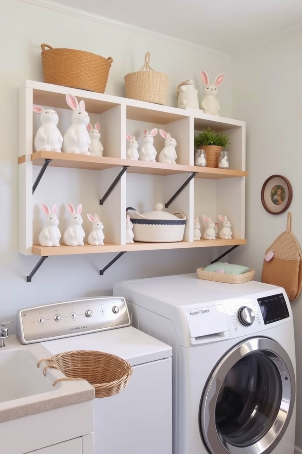 A charming laundry room featuring shelves adorned with ceramic bunny decor in various pastel colors. The walls are painted a soft yellow, creating a cheerful atmosphere for Easter decorating ideas.