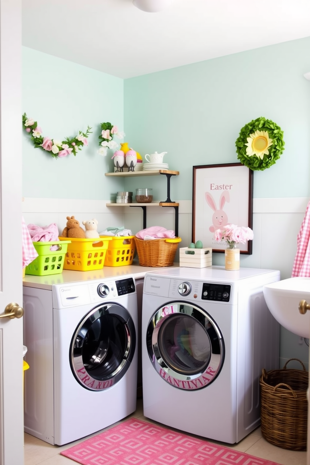 A cozy laundry room adorned for Easter. A woven basket filled with colorful Easter goodies sits on a rustic wooden shelf, surrounded by pastel-colored towels and cheerful decorations.