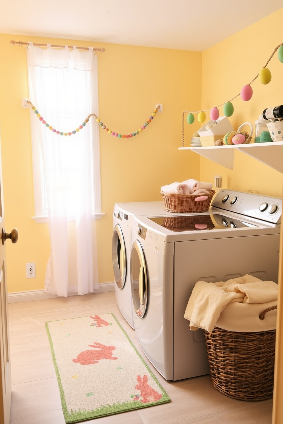 A cheerful laundry room featuring an Easter-themed mat with pastel colors and playful bunny designs. The walls are painted in a soft yellow, and decorative garlands of colorful eggs hang above the washing machine. The space is brightened by natural light streaming through a window adorned with sheer white curtains. A basket filled with pastel-colored towels sits next to the dryer, adding to the festive atmosphere.