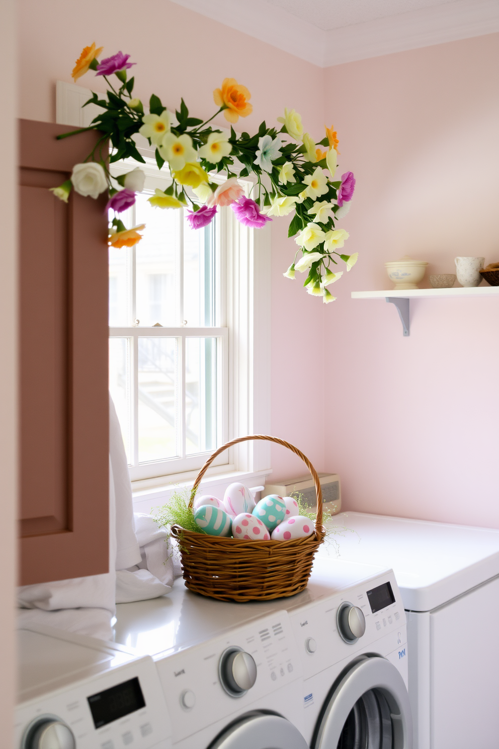 A charming laundry room adorned with hand-painted Easter eggs arranged in a decorative basket. The walls are painted in a soft pastel hue, and a cheerful garland of spring flowers hangs above the window, creating a festive atmosphere.