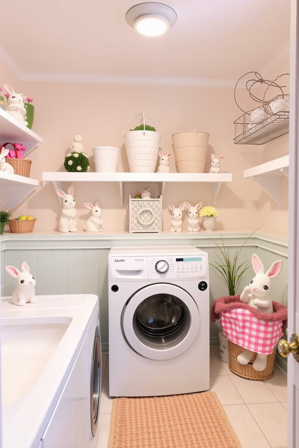 A cheerful laundry room adorned with bunny figurines in playful poses. The walls are painted in a soft pastel hue, and decorative Easter elements like colorful eggs and spring flowers are scattered throughout the space.