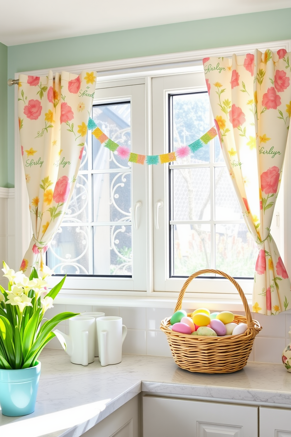 A bright and cheerful laundry room adorned with spring-themed curtains featuring pastel floral patterns. The curtains gently frame a large window, allowing natural light to illuminate the space and create a fresh and inviting atmosphere. Decorative elements like colorful Easter-themed garlands and a basket filled with pastel-colored eggs are placed on the countertop. A vibrant potted plant sits in the corner, adding a touch of greenery and enhancing the seasonal charm of the room.