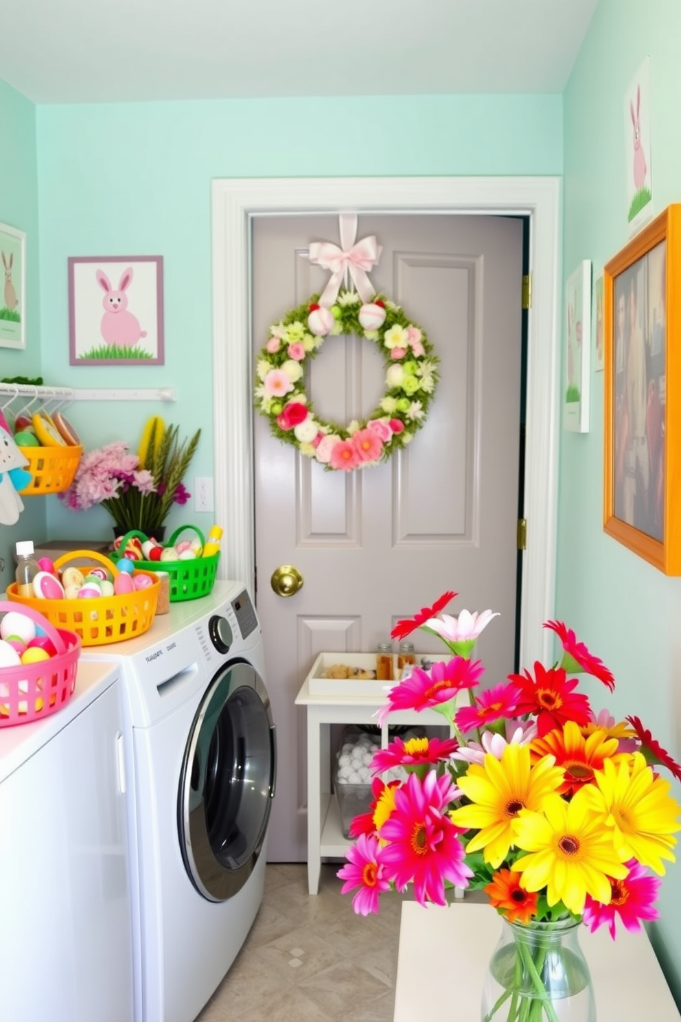 A bright and cheerful laundry room filled with DIY Easter crafts. Colorful baskets hold handmade decorations, while a pastel-themed wreath hangs on the door. The walls are adorned with playful Easter-themed artwork, and a small table showcases various craft supplies. Fresh flowers in vibrant hues are arranged in a vase, adding a lively touch to the space.