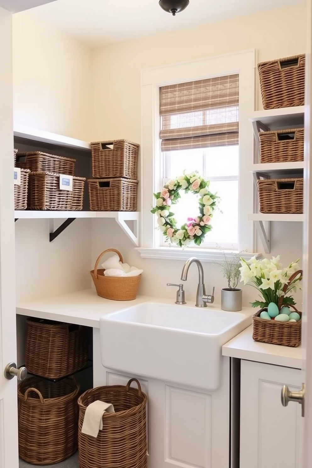 A cozy laundry room featuring woven baskets arranged neatly on open shelving. The walls are painted in a soft cream color, and a farmhouse-style sink is positioned under a window, allowing natural light to flood the space. For Easter decorating, the laundry room is adorned with pastel-colored decorations and floral accents. A cheerful wreath made of spring flowers hangs on the door, and small decorative eggs are placed in the woven baskets for a festive touch.