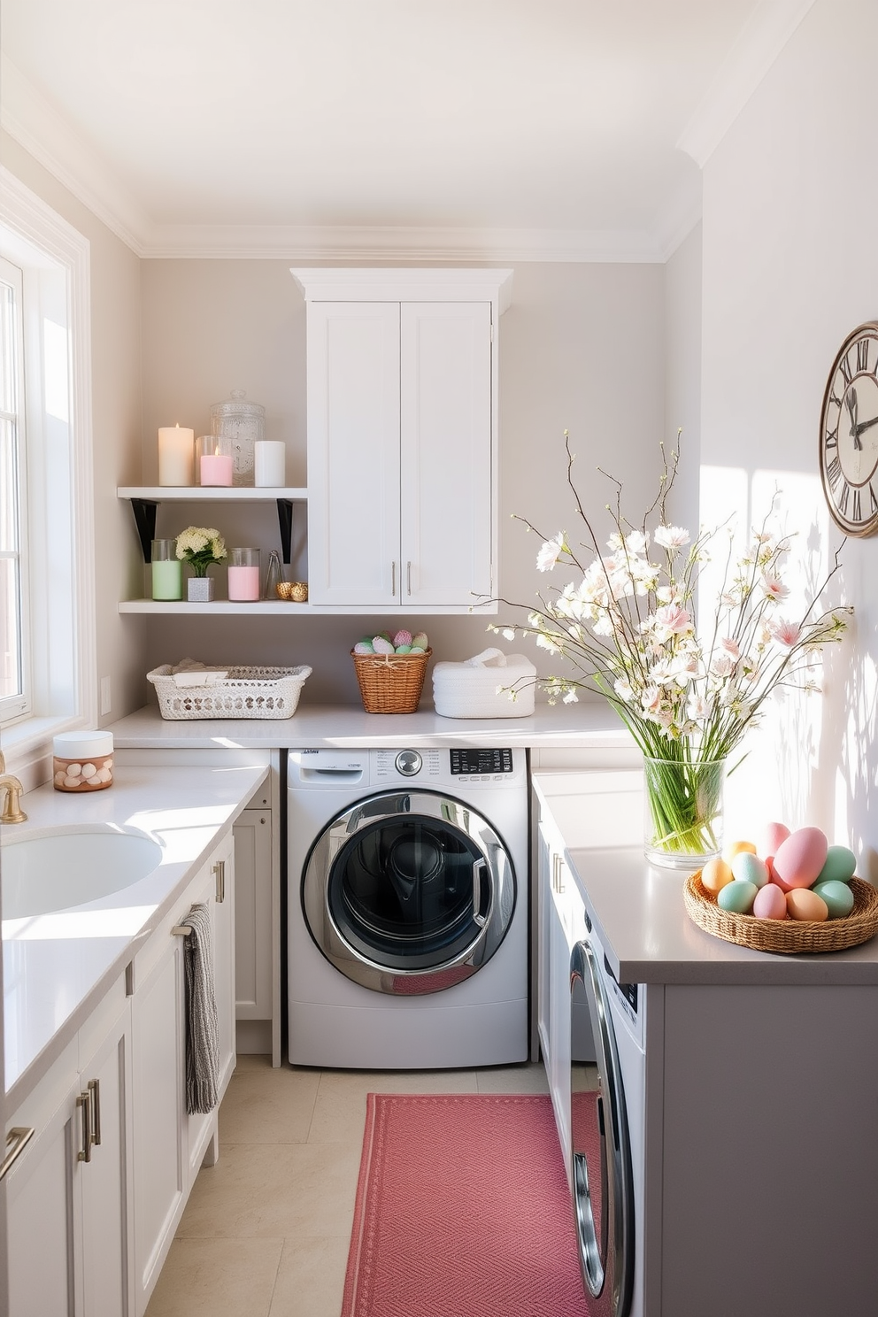 A whimsical bunny garland is draped across open shelves in a cheerful laundry room. The shelves are adorned with pastel-colored baskets and decorative eggs, creating a festive Easter atmosphere.